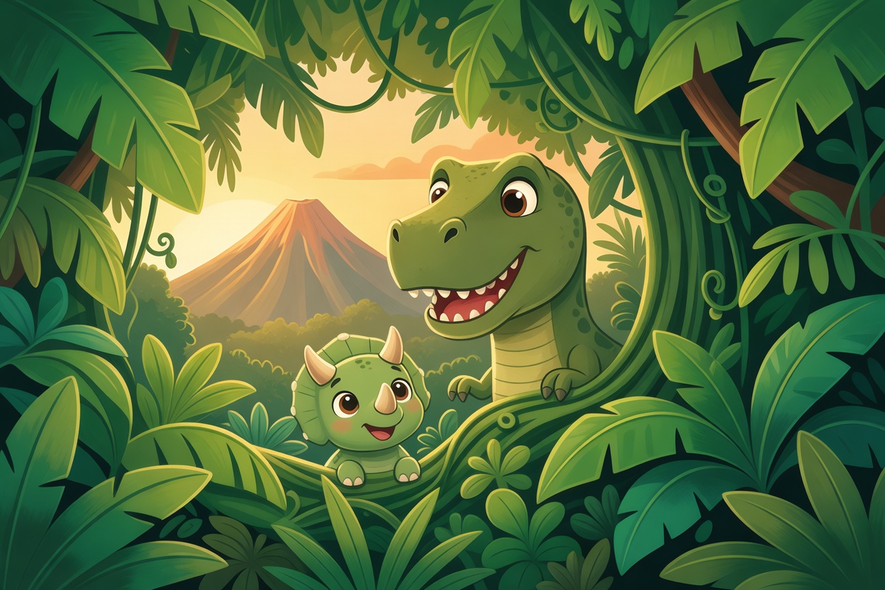 Friendly dinosaurs in the jungle